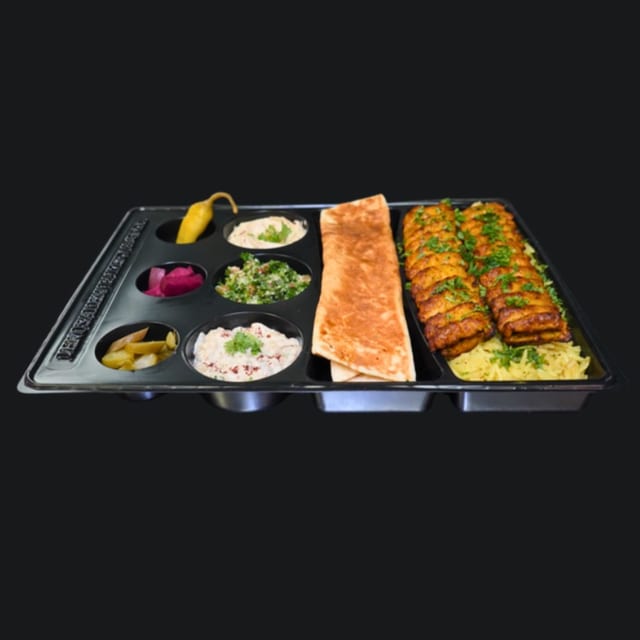 Spicy Kufta Chicken Kabob Platter.