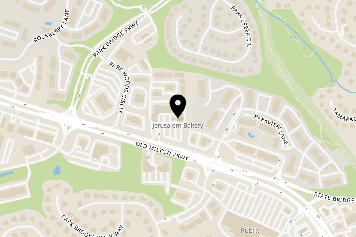 Map showing the location of Jerusalem Bakery & Grill Jerusalem Bakery & Grill ALPHARETTA on 4150 Old Milton Pkwy #129 in Alpharetta